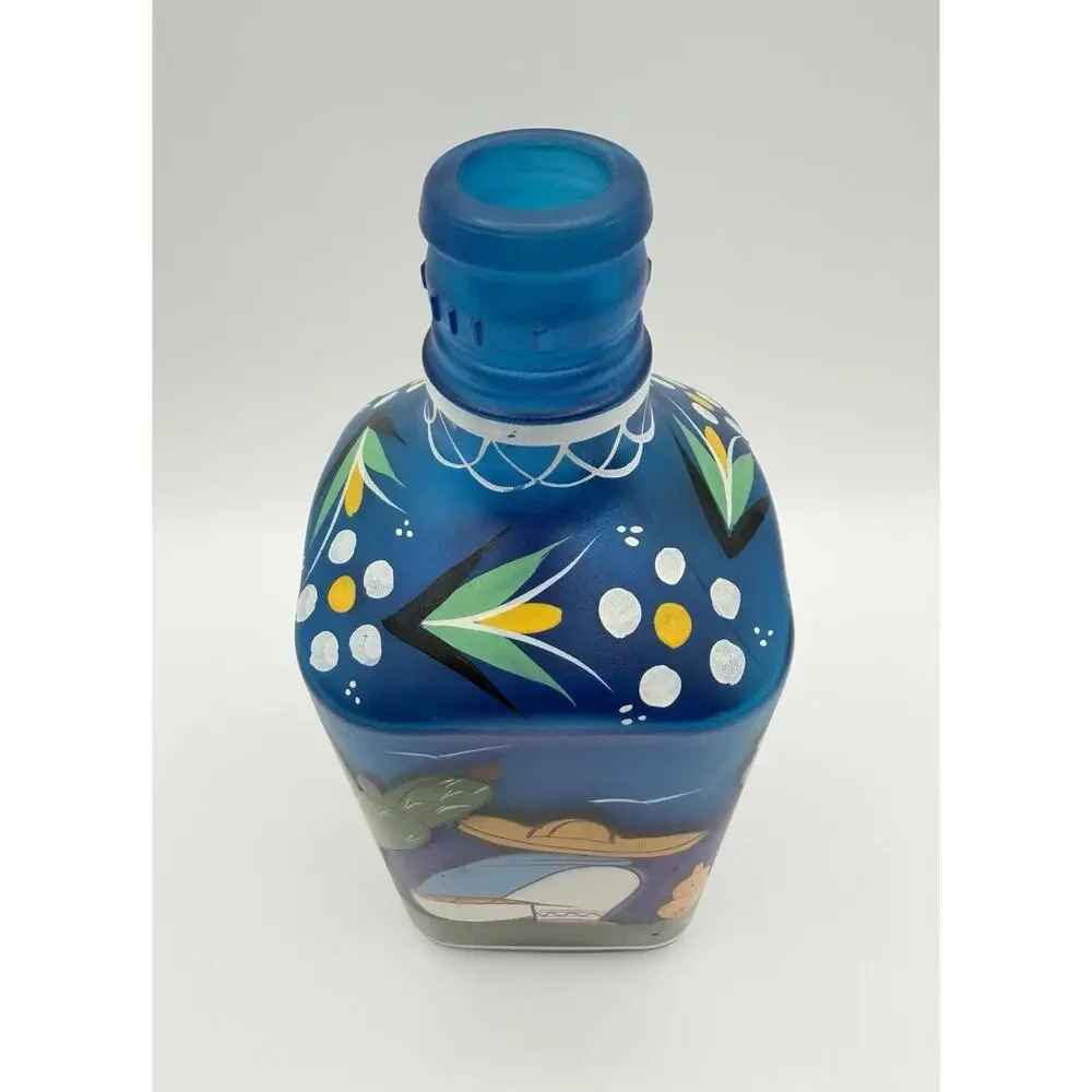 Blue Frosted Glass Siesta Sleeping Man Bottle 10” Hand Painted Bar Decor Mexico